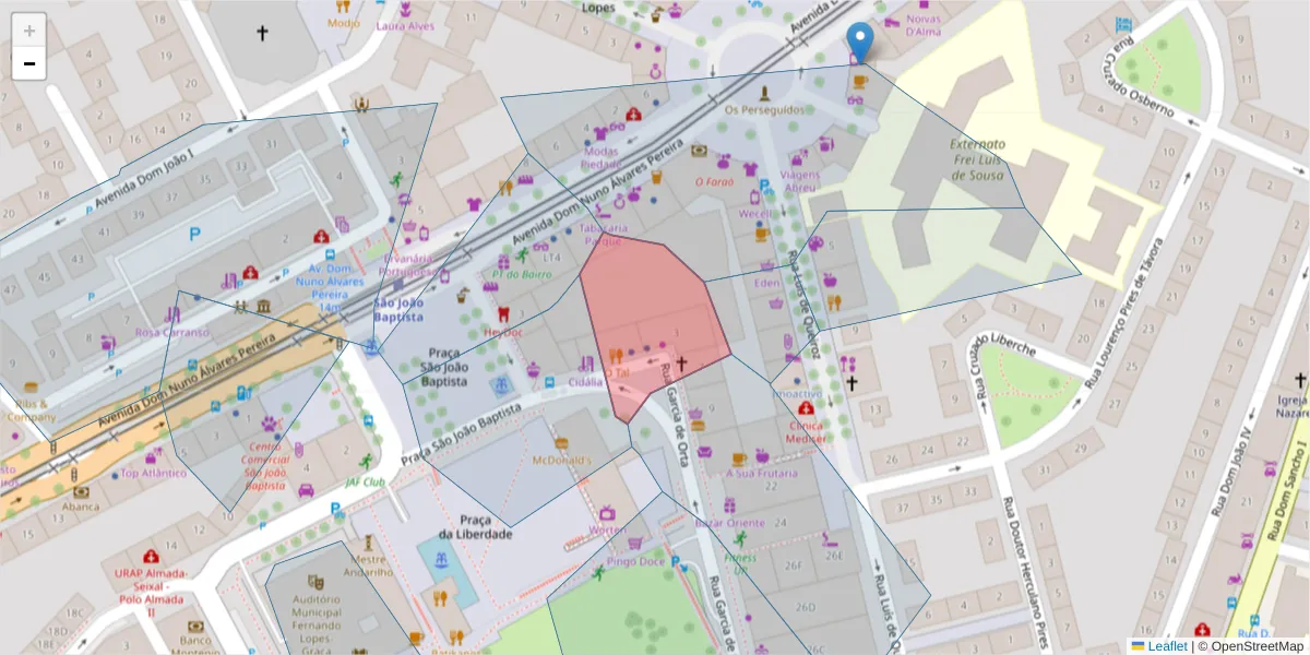 Mapa detalhado do código postal 2800-096 com limites, códigos postais vizinhos e agências dos correios