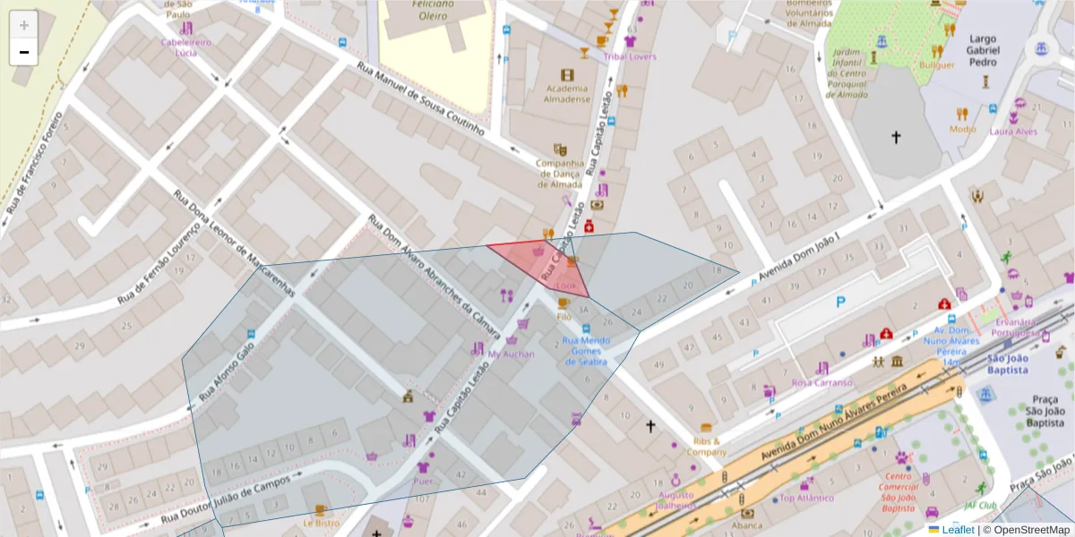Mapa detalhado do código postal 2800-133 com limites, códigos postais vizinhos e agências dos correios