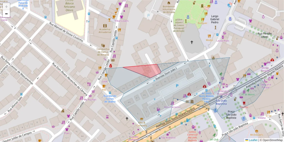 Mapa detalhado do código postal 2800-136 com limites, códigos postais vizinhos e agências dos correios