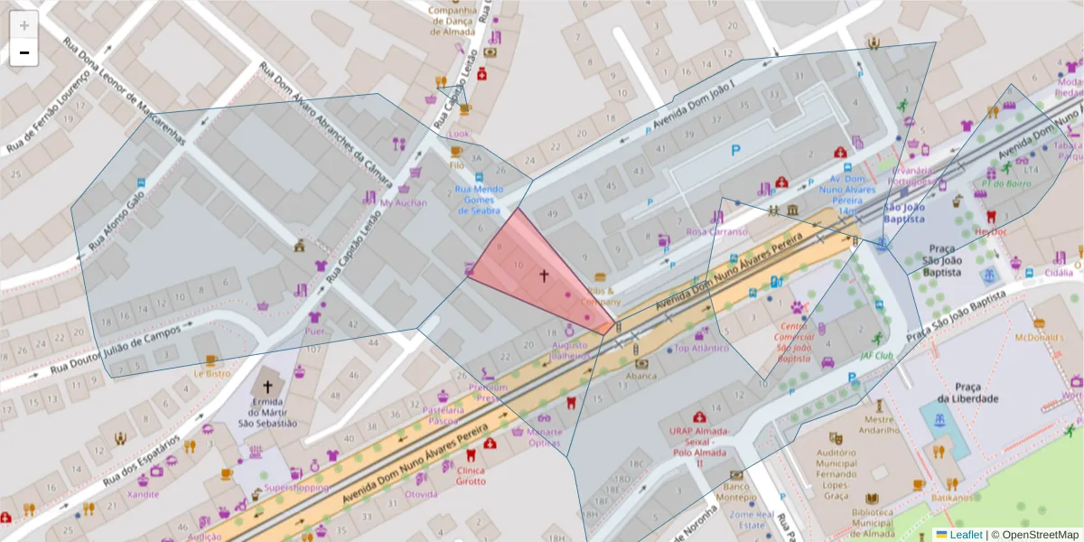 Mapa detalhado do código postal 2800-168 com limites, códigos postais vizinhos e agências dos correios