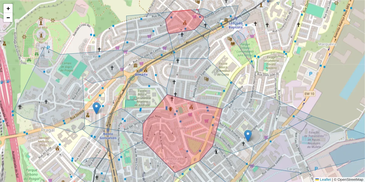 Mapa detalhado do código postal 2800-169 com limites, códigos postais vizinhos e agências dos correios