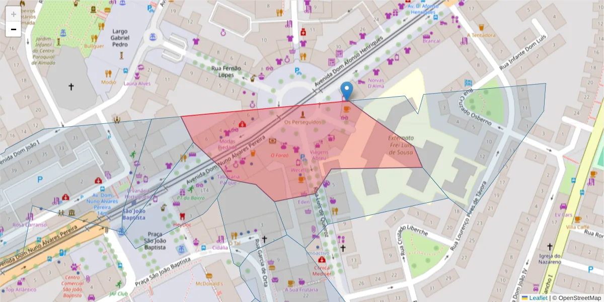 Mapa detalhado do código postal 2800-171 com limites, códigos postais vizinhos e agências dos correios