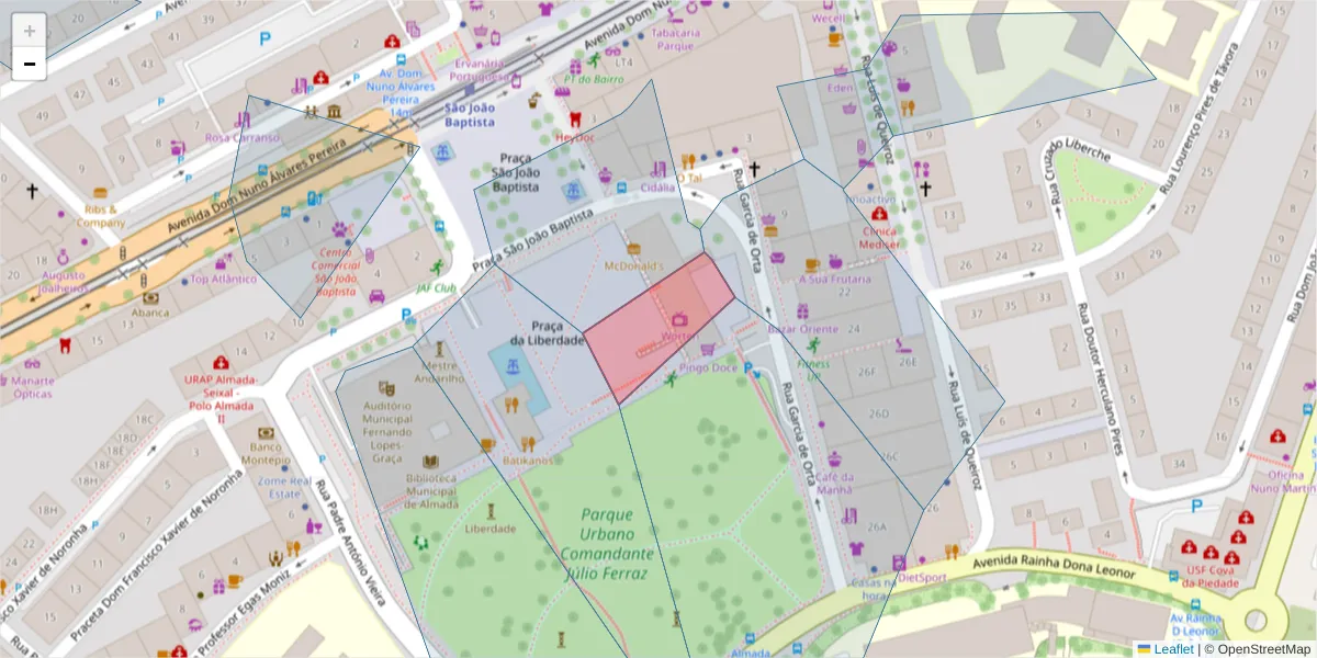 Mapa detalhado do código postal 2800-648 com limites, códigos postais vizinhos e agências dos correios