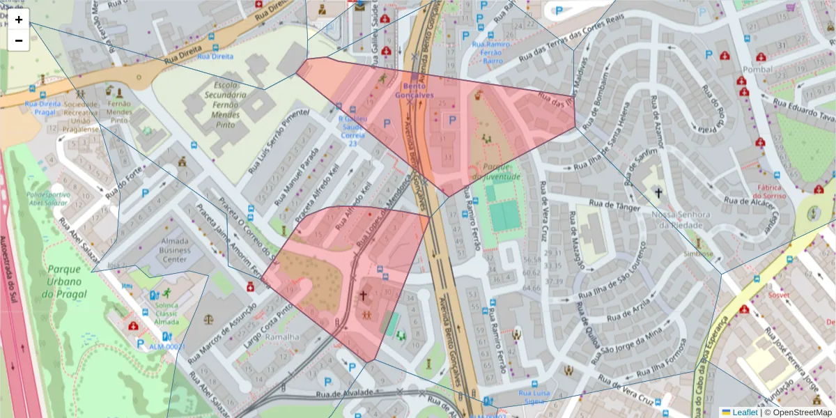 Mapa detalhado do código postal 2800-671 com limites, códigos postais vizinhos e agências dos correios