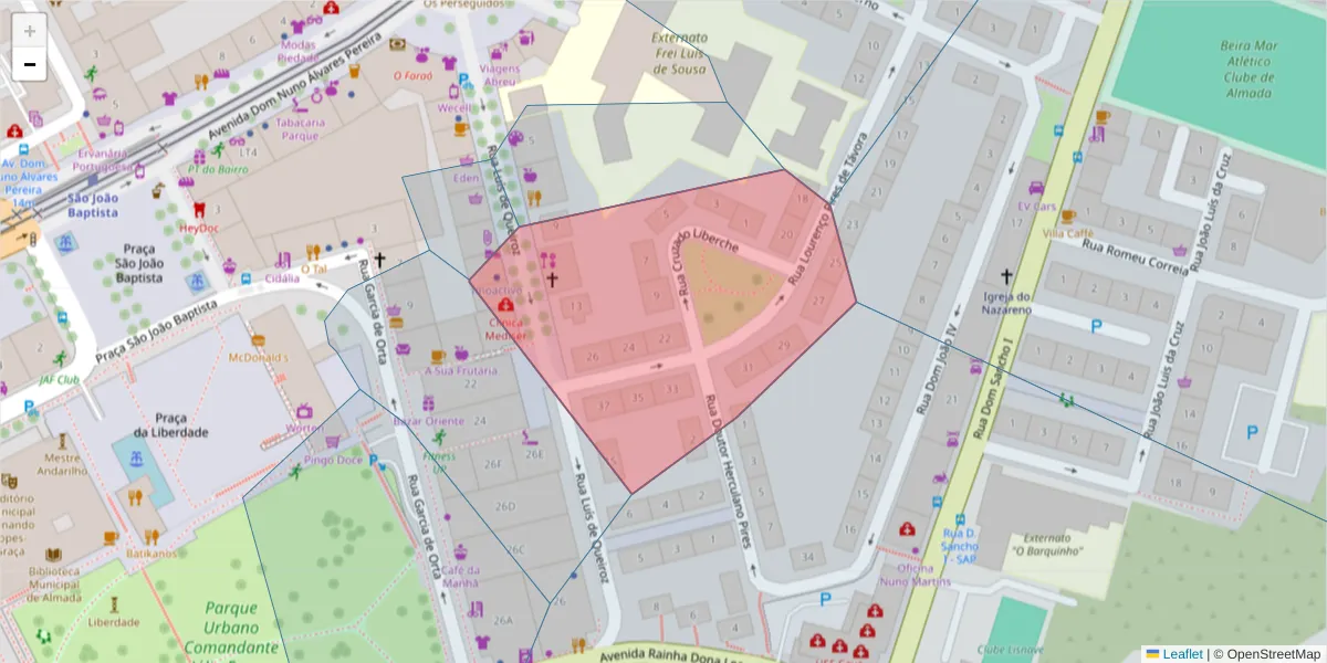 Mapa detalhado do código postal 2800-697 com limites, códigos postais vizinhos e agências dos correios