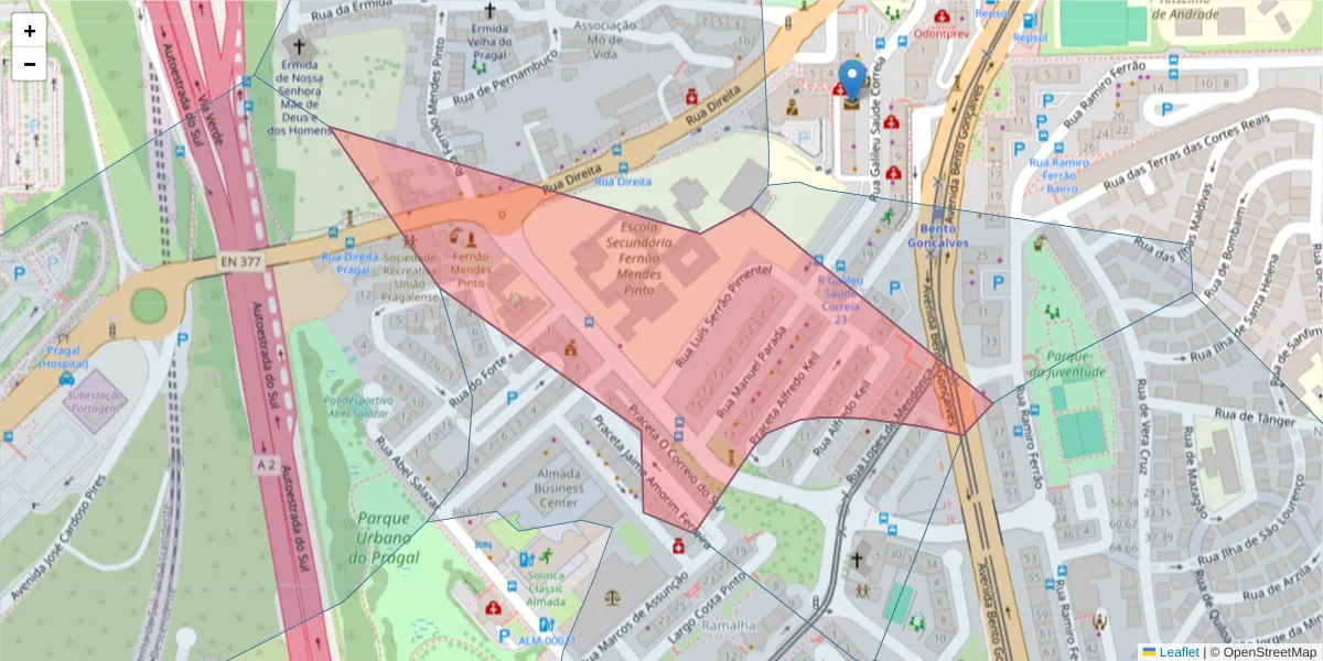 Mapa detalhado do código postal 2800-700 com limites, códigos postais vizinhos e agências dos correios
