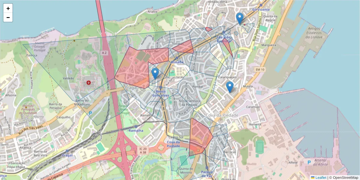 Mapa detalhado do código postal 2800 com limites, códigos postais vizinhos e agências dos correios