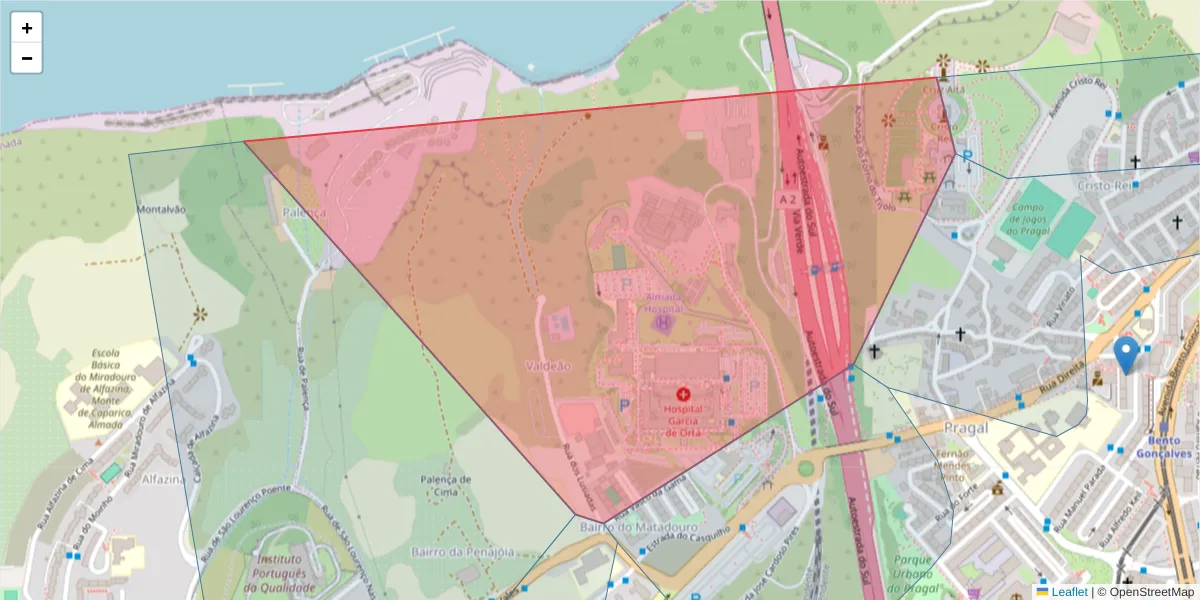 Mapa detalhado do código postal 2804-534 com limites, códigos postais vizinhos e agências dos correios