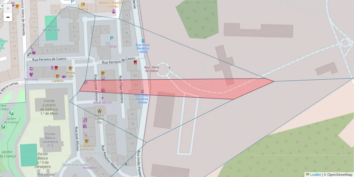 Mapa detalhado do código postal 2805-031 com limites, códigos postais vizinhos e agências dos correios