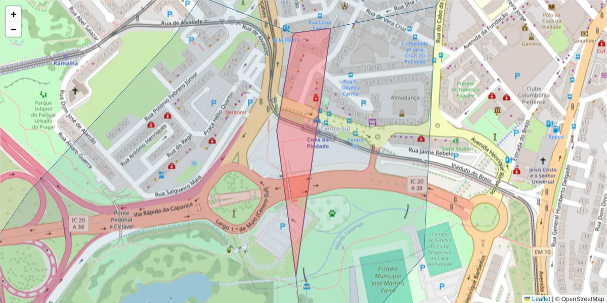 Mapa detalhado do código postal 2805-065 com limites, códigos postais vizinhos e agências dos correios