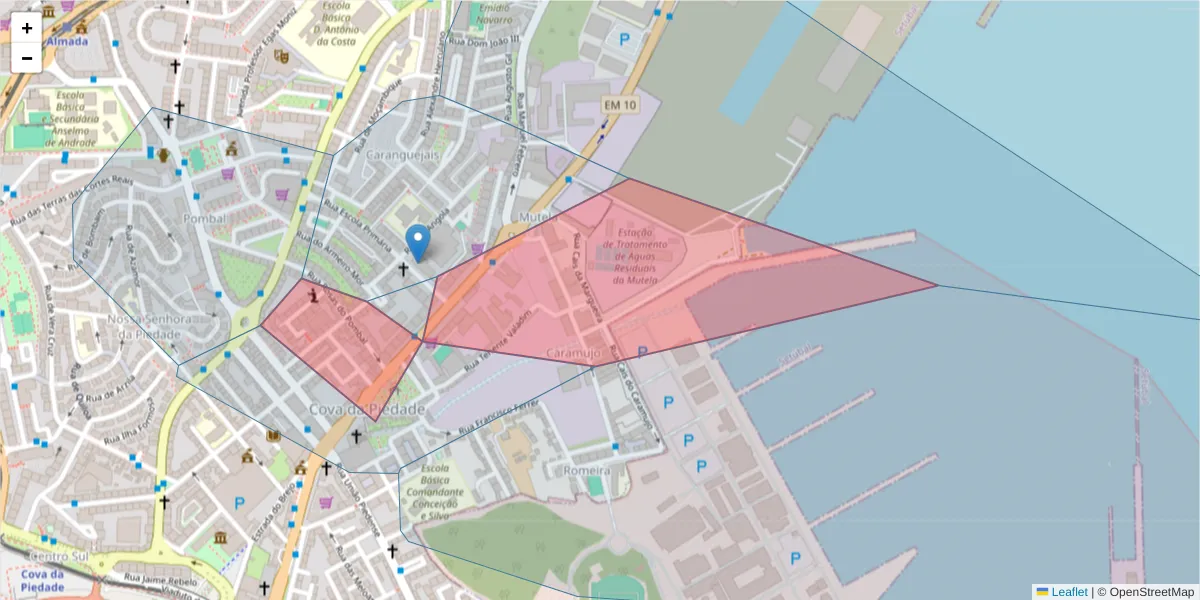 Mapa detalhado do código postal 2805-086 com limites, códigos postais vizinhos e agências dos correios