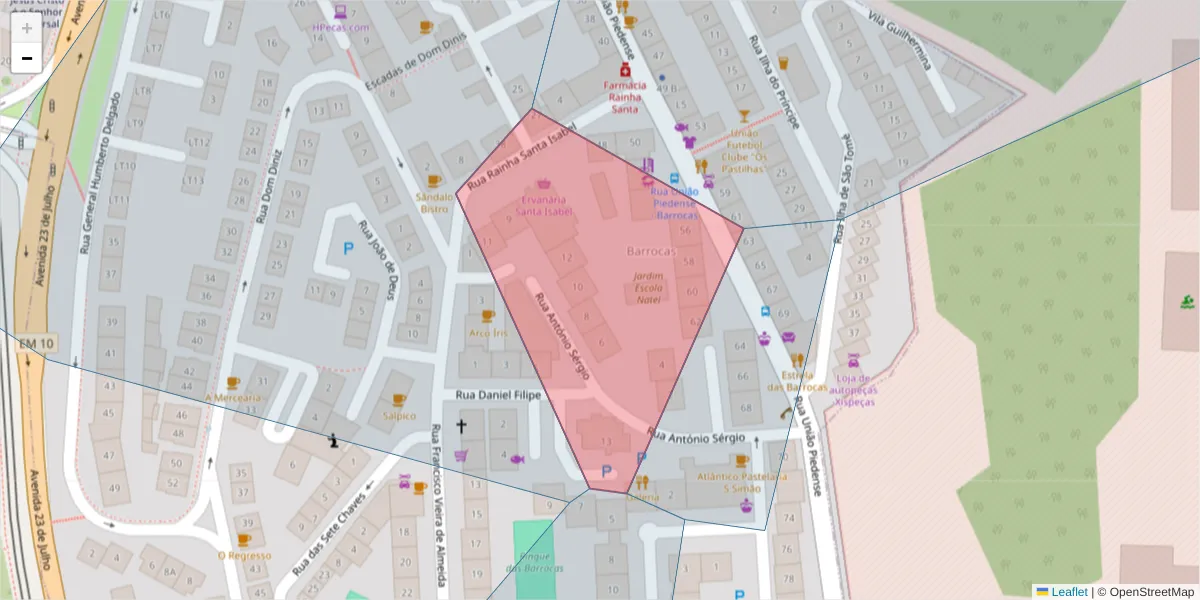 Mapa detalhado do código postal 2805-091 com limites, códigos postais vizinhos e agências dos correios