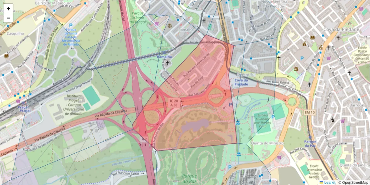Mapa detalhado do código postal 2805-101 com limites, códigos postais vizinhos e agências dos correios