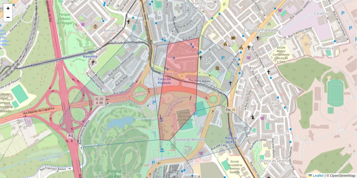 Mapa detalhado do código postal 2805-111 com limites, códigos postais vizinhos e agências dos correios