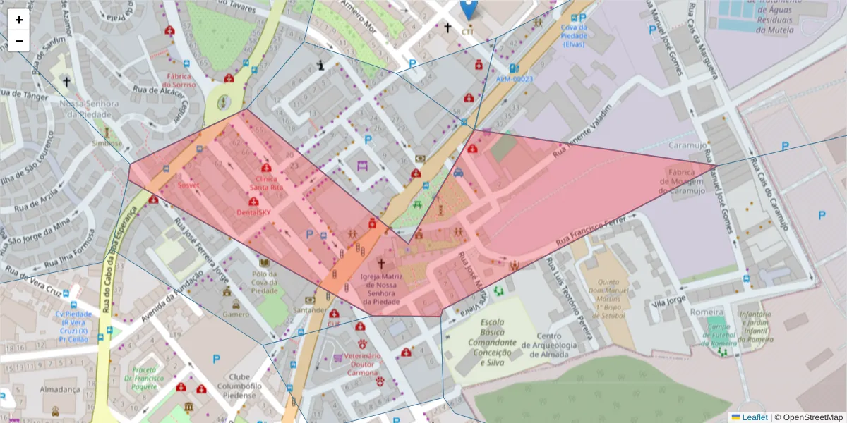 Mapa detalhado do código postal 2805-119 com limites, códigos postais vizinhos e agências dos correios