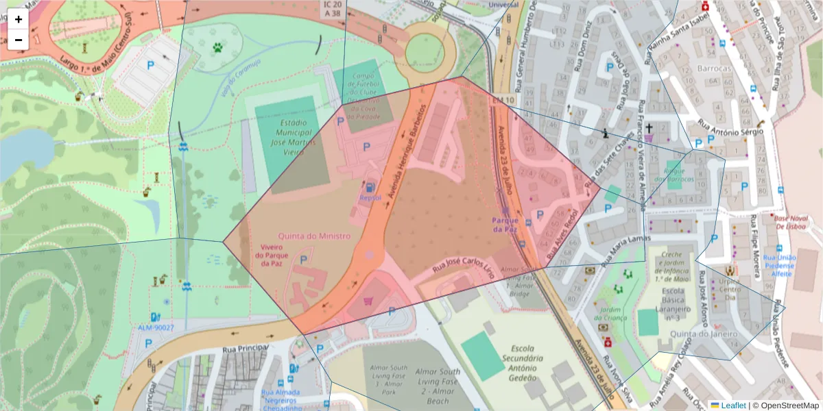 Mapa detalhado do código postal 2805-155 com limites, códigos postais vizinhos e agências dos correios