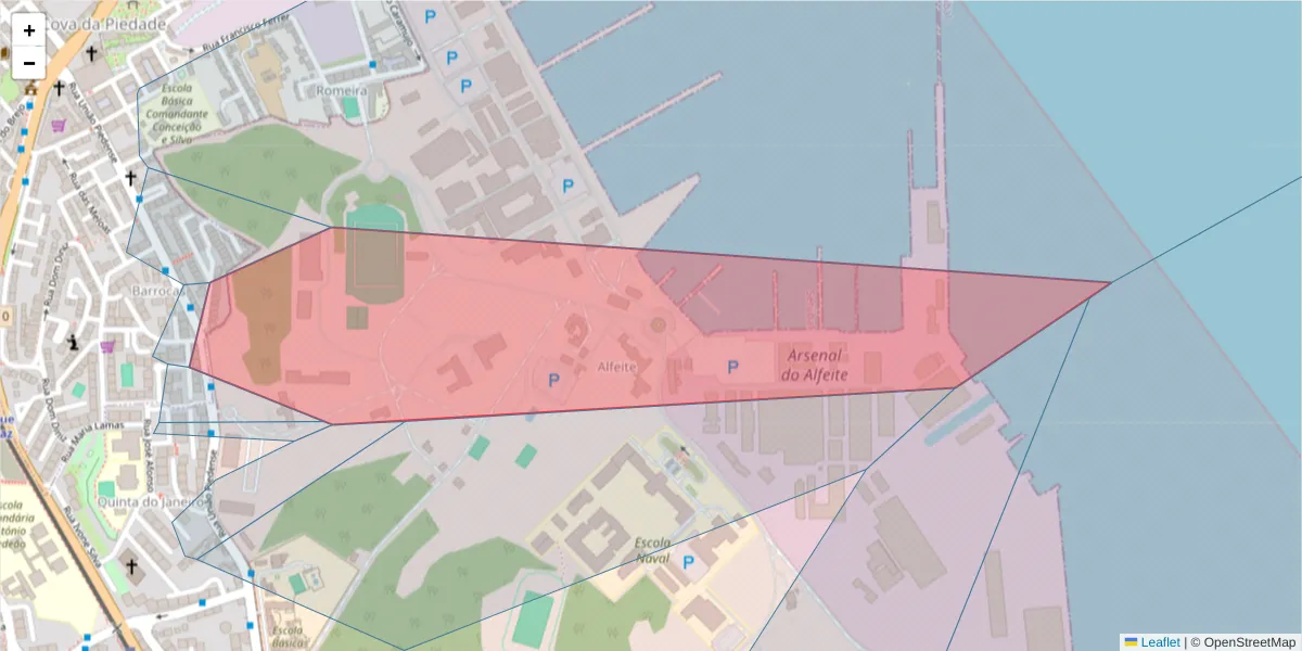 Mapa detalhado do código postal 2805-165 com limites, códigos postais vizinhos e agências dos correios