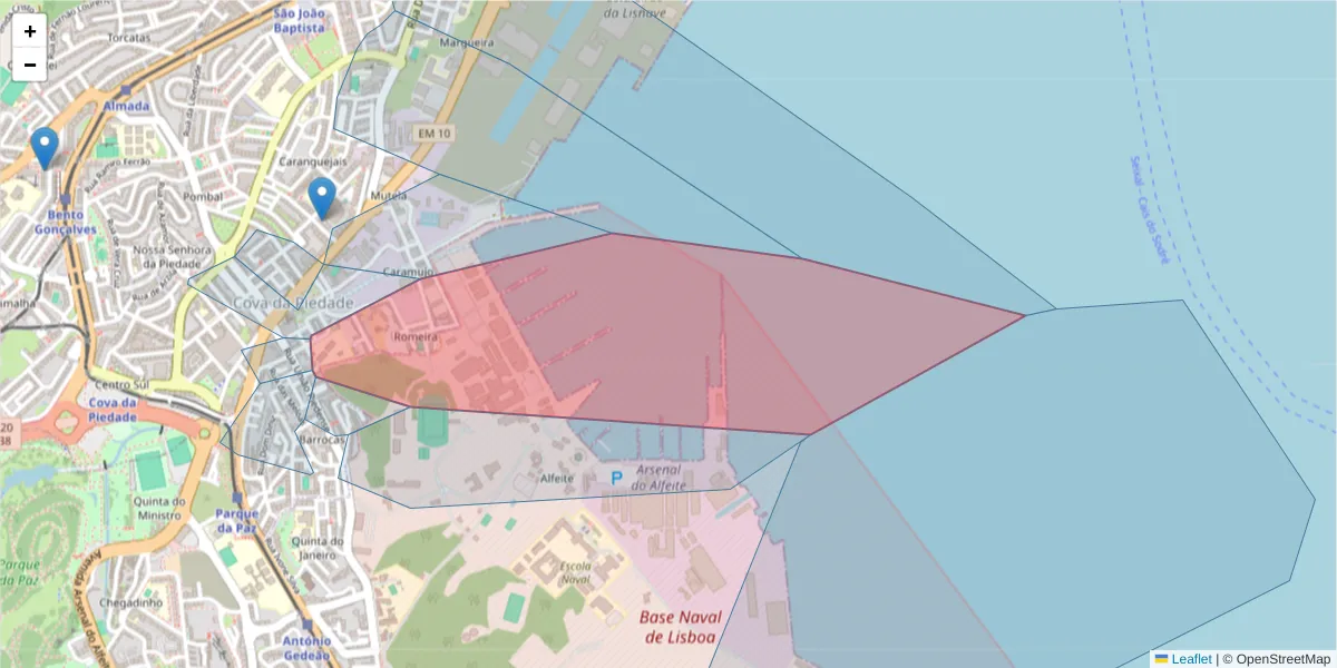 Mapa detalhado do código postal 2805-187 com limites, códigos postais vizinhos e agências dos correios