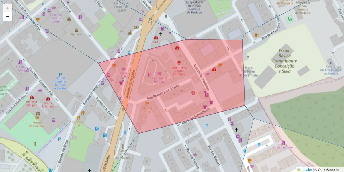 Mapa detalhado do código postal 2805-235 com limites, códigos postais vizinhos e agências dos correios