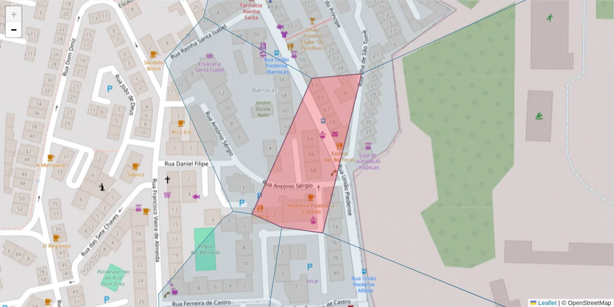 Mapa detalhado do código postal 2805-249 com limites, códigos postais vizinhos e agências dos correios