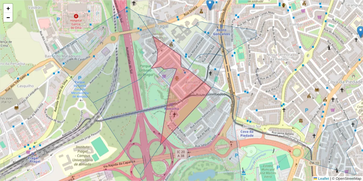 Mapa detalhado do código postal 2805-290 com limites, códigos postais vizinhos e agências dos correios