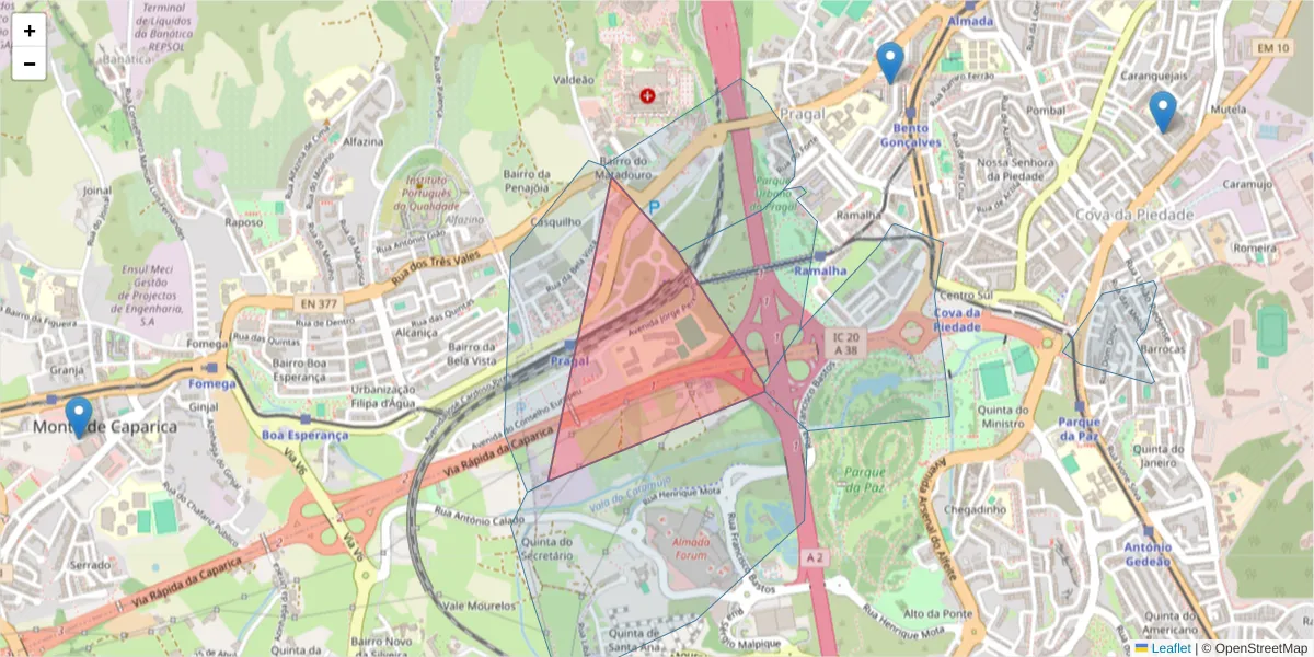 Mapa detalhado do código postal 2805-333 com limites, códigos postais vizinhos e agências dos correios