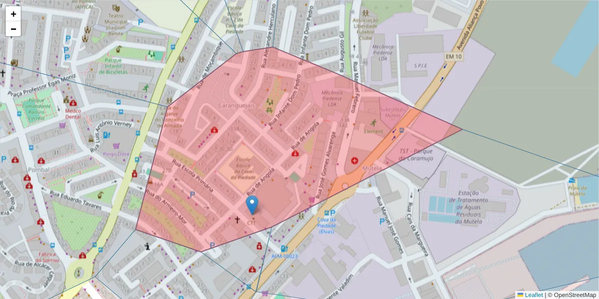 Mapa detalhado do código postal 2805-998 com limites, códigos postais vizinhos e agências dos correios