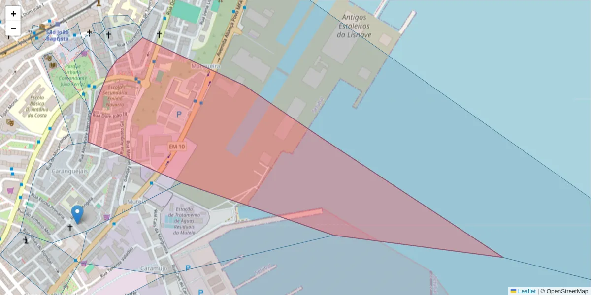 Mapa detalhado do código postal 2809-010 com limites, códigos postais vizinhos e agências dos correios