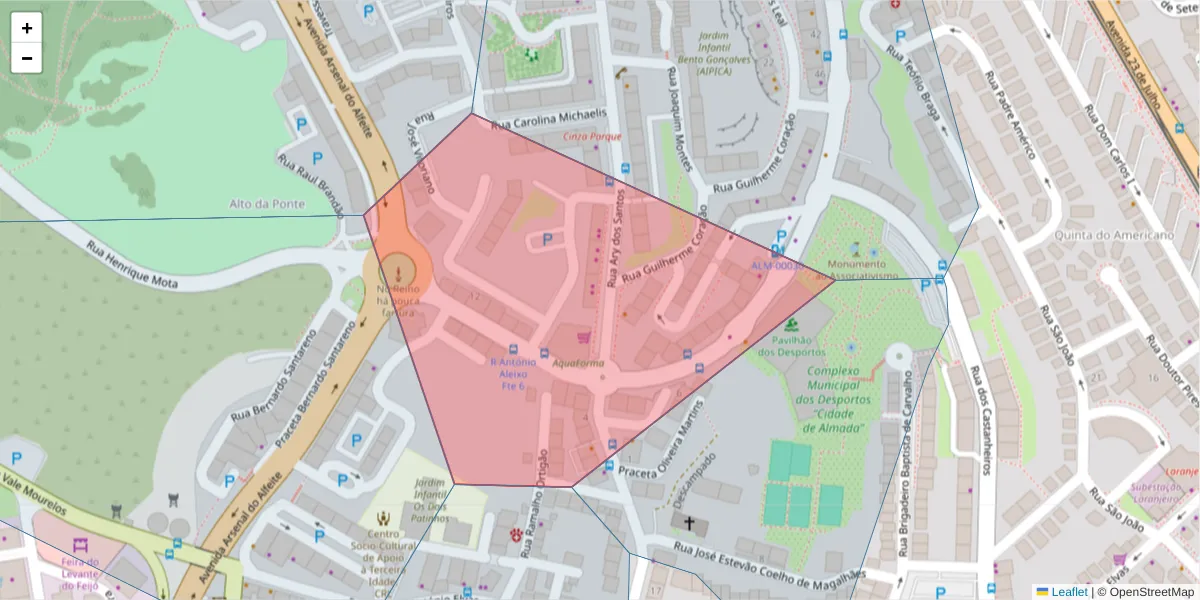 Mapa detalhado do código postal 2810-020 com limites, códigos postais vizinhos e agências dos correios