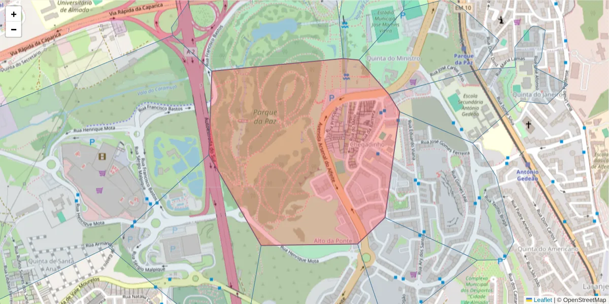 Mapa detalhado do código postal 2810-025 com limites, códigos postais vizinhos e agências dos correios