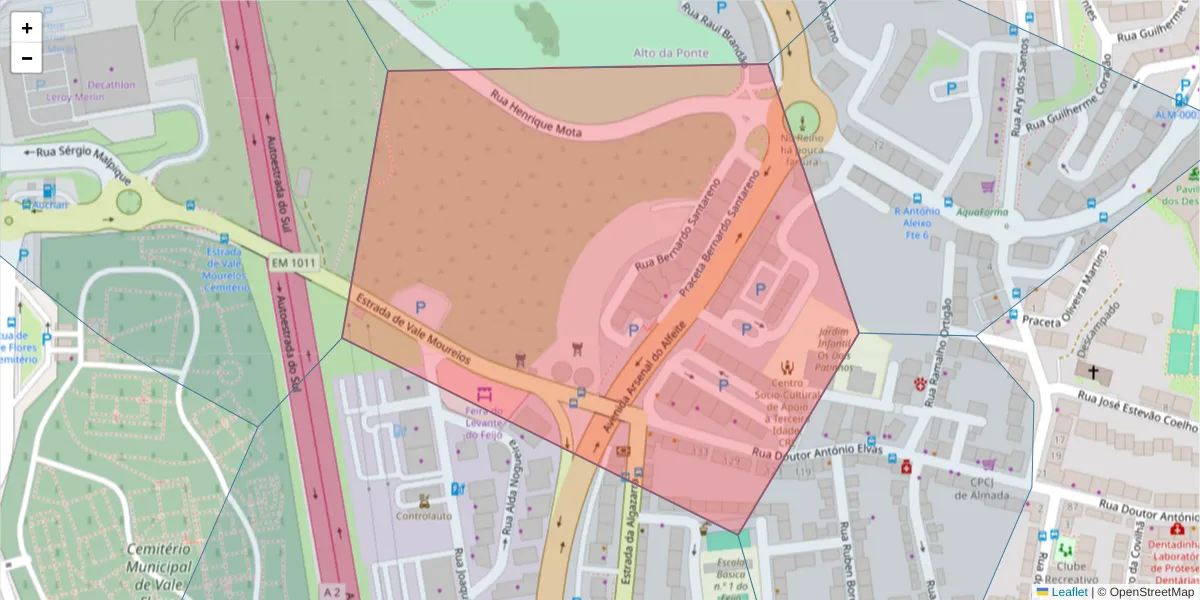 Mapa detalhado do código postal 2810-026 com limites, códigos postais vizinhos e agências dos correios