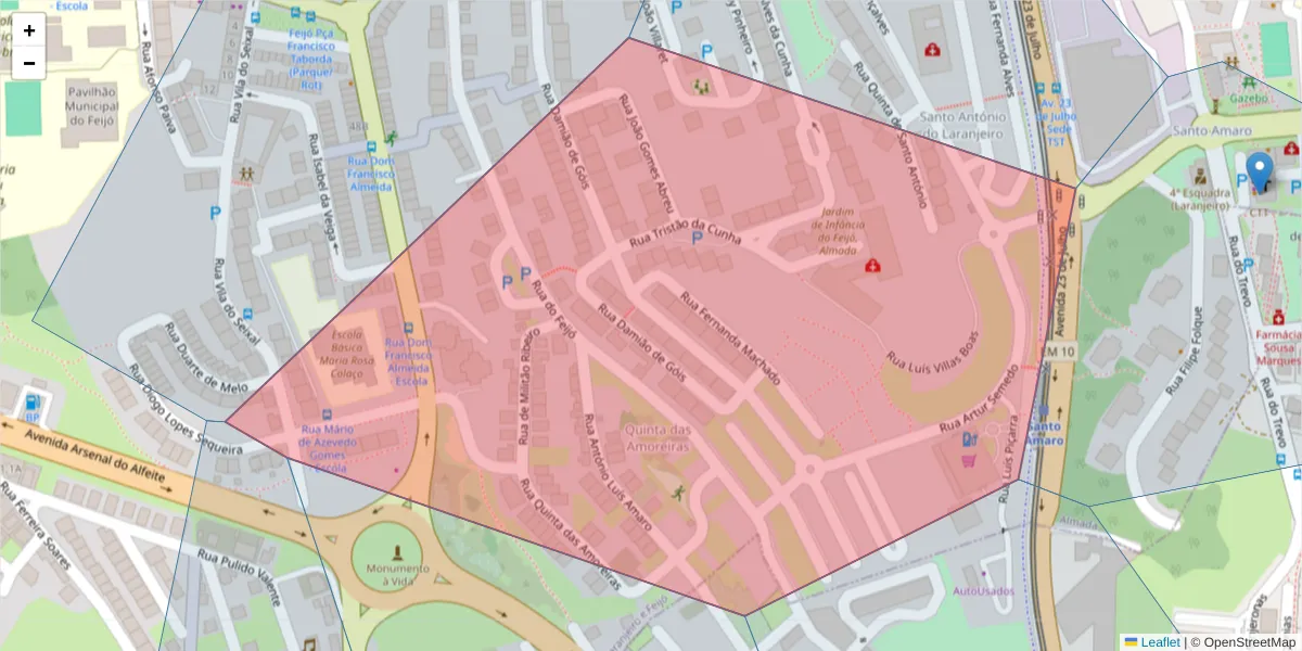 Mapa detalhado do código postal 2810-032 com limites, códigos postais vizinhos e agências dos correios
