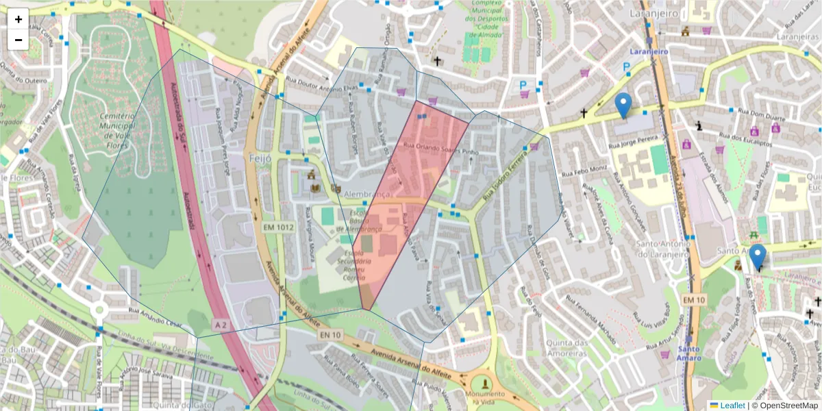 Mapa detalhado do código postal 2810-042 com limites, códigos postais vizinhos e agências dos correios
