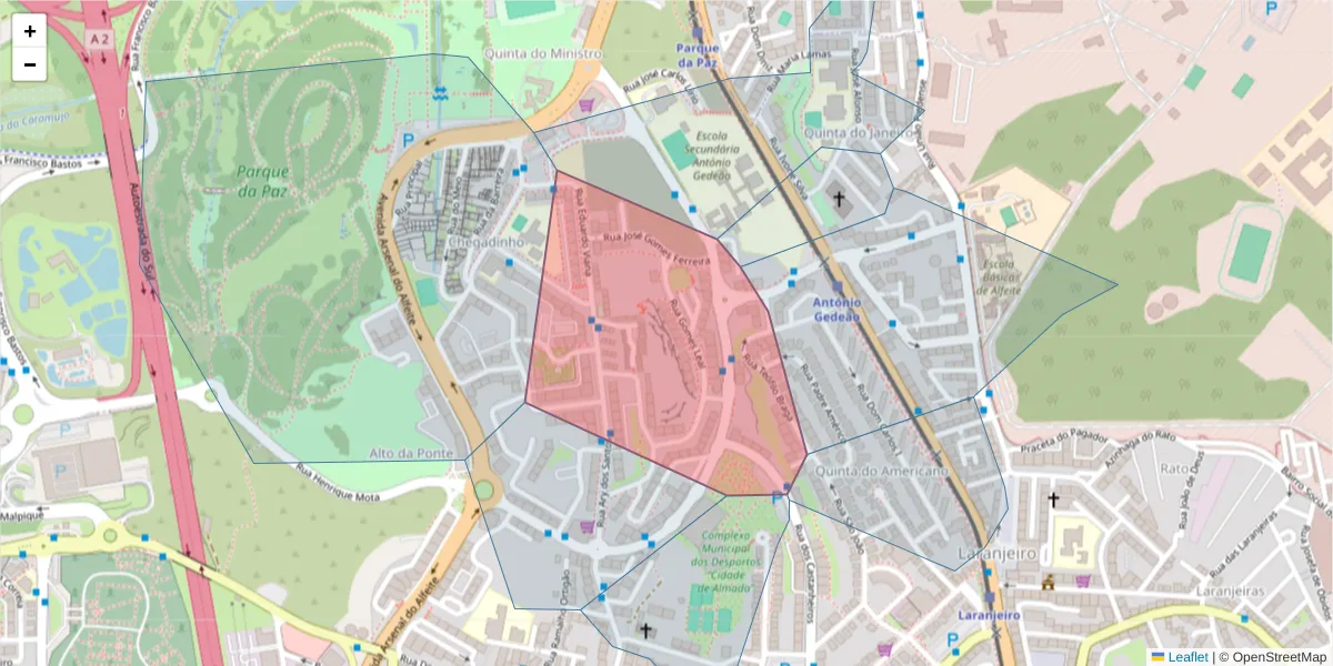 Mapa detalhado do código postal 2810-098 com limites, códigos postais vizinhos e agências dos correios