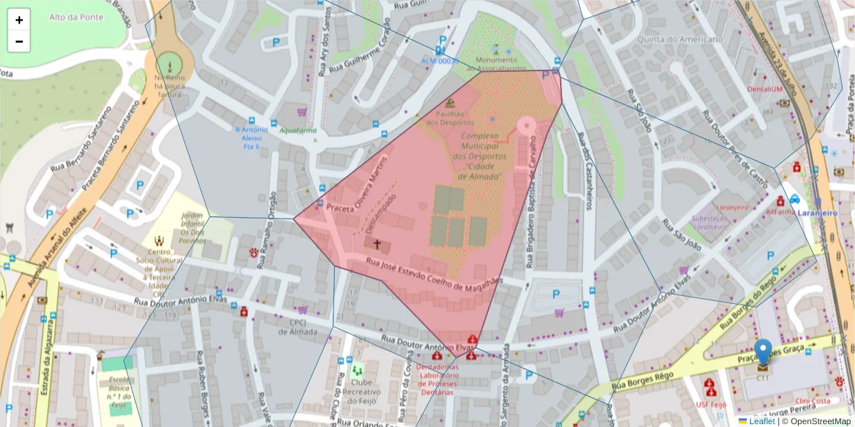 Mapa detalhado do código postal 2810-100 com limites, códigos postais vizinhos e agências dos correios