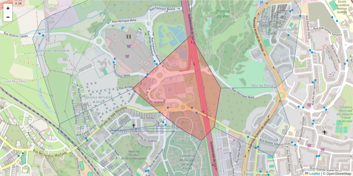 Mapa detalhado do código postal 2810-133 com limites, códigos postais vizinhos e agências dos correios