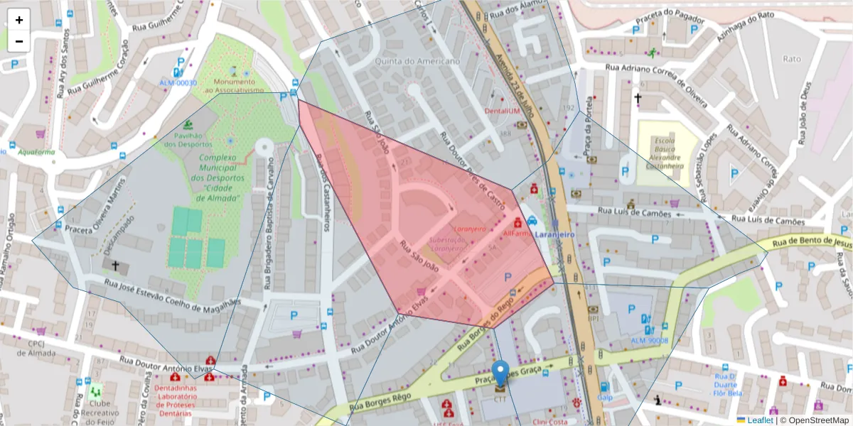 Mapa detalhado do código postal 2810-164 com limites, códigos postais vizinhos e agências dos correios