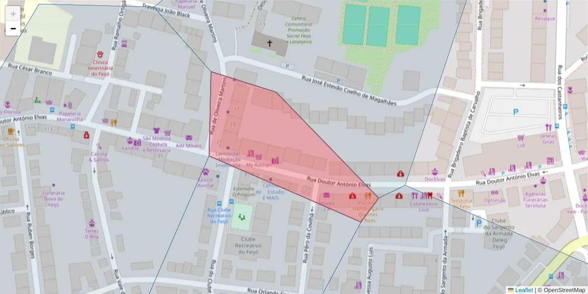 Mapa detalhado do código postal 2810-165 com limites, códigos postais vizinhos e agências dos correios