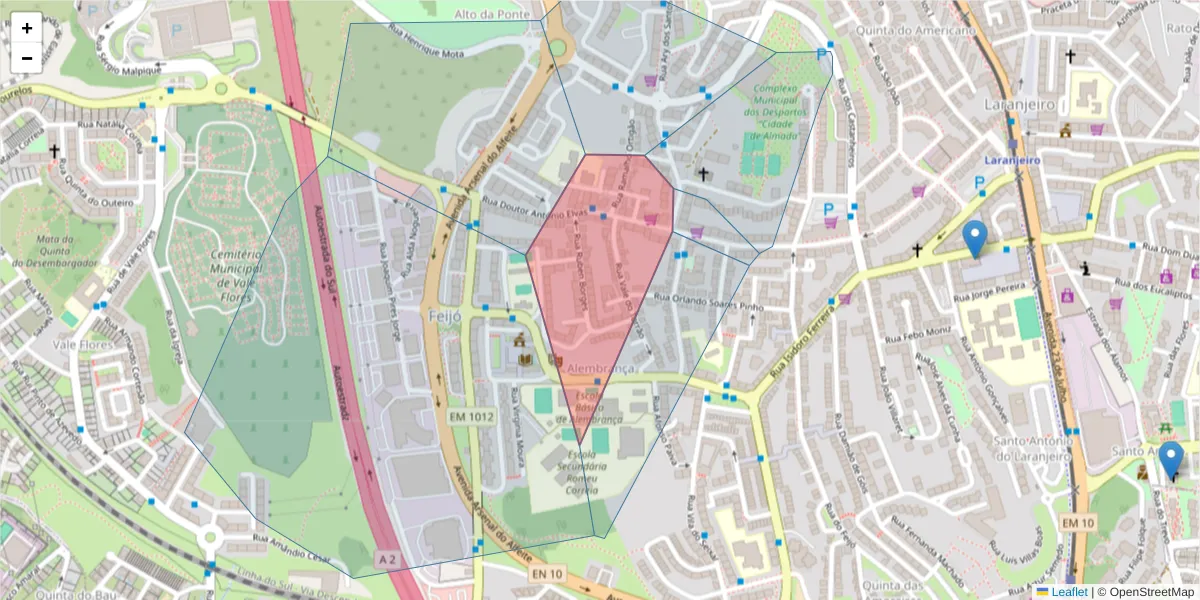Mapa detalhado do código postal 2810-168 com limites, códigos postais vizinhos e agências dos correios