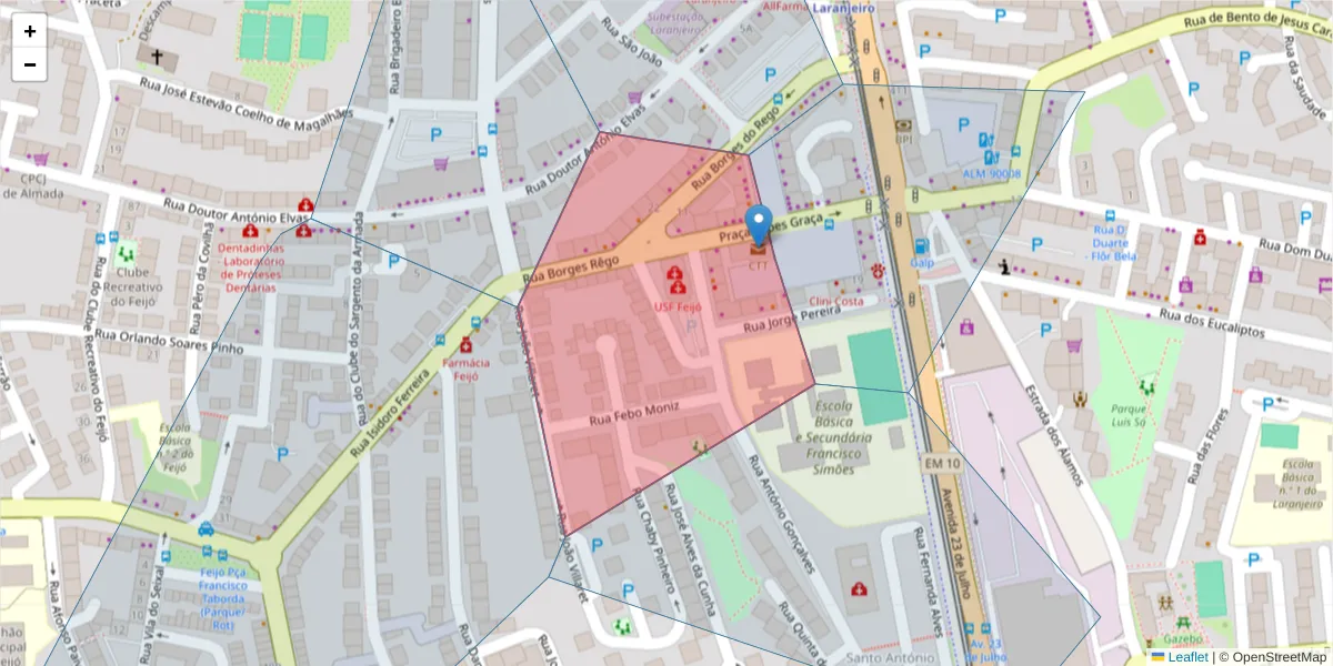 Mapa detalhado do código postal 2810-170 com limites, códigos postais vizinhos e agências dos correios