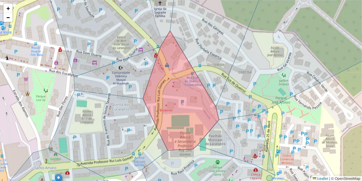 Mapa detalhado do código postal 2810-184 com limites, códigos postais vizinhos e agências dos correios