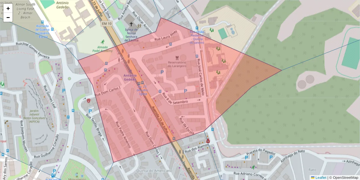 Mapa detalhado do código postal 2810-221 com limites, códigos postais vizinhos e agências dos correios