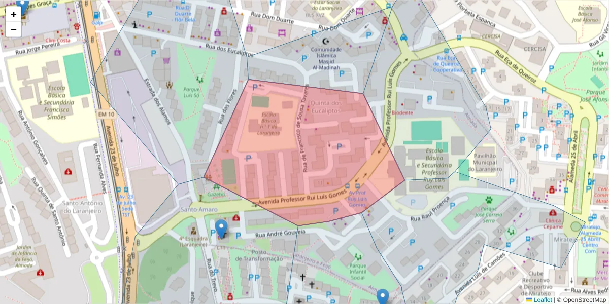 Mapa detalhado do código postal 2810-225 com limites, códigos postais vizinhos e agências dos correios