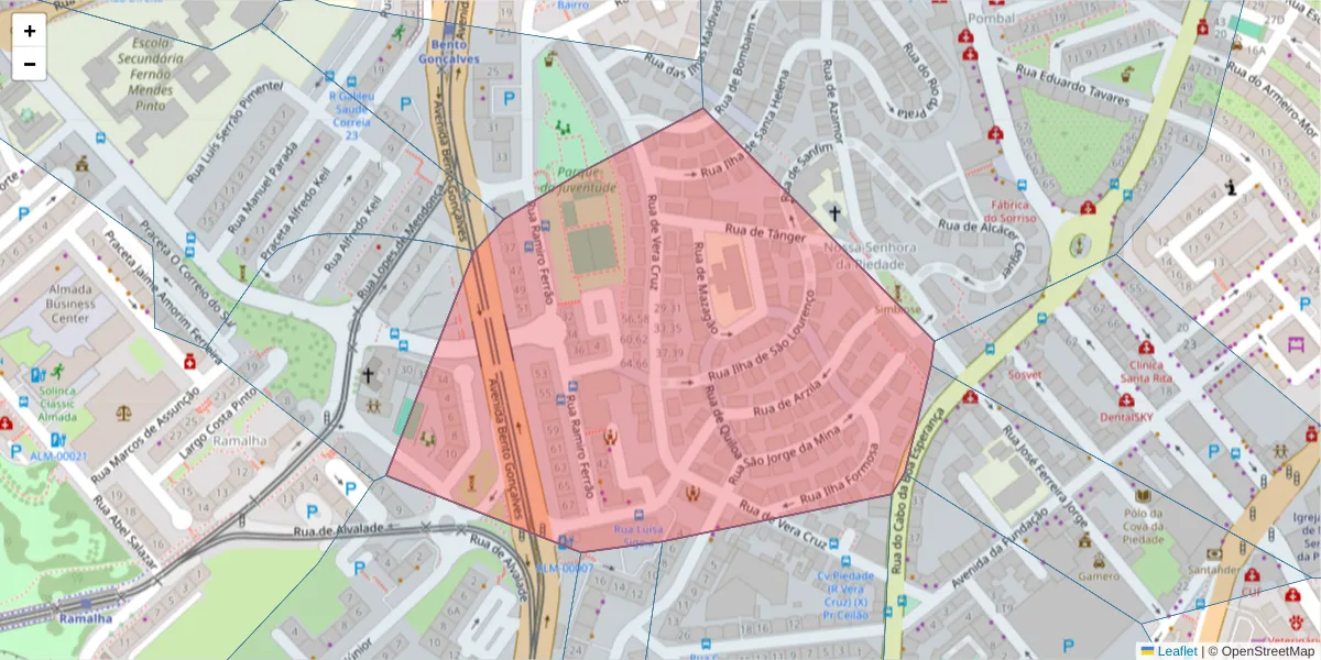 Mapa detalhado do código postal 2810-247 com limites, códigos postais vizinhos e agências dos correios