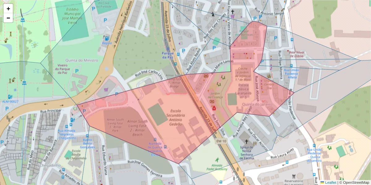 Mapa detalhado do código postal 2810-262 com limites, códigos postais vizinhos e agências dos correios