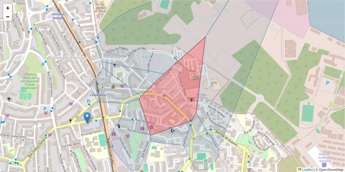 Mapa detalhado do código postal 2810-333 com limites, códigos postais vizinhos e agências dos correios