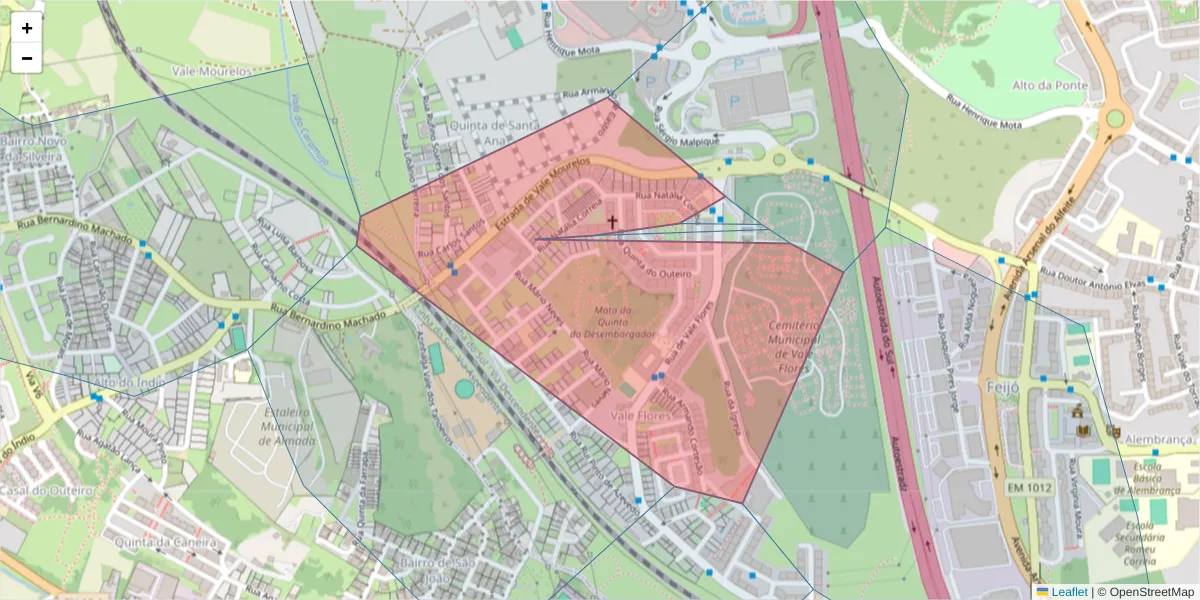 Mapa detalhado do código postal 2810-418 com limites, códigos postais vizinhos e agências dos correios
