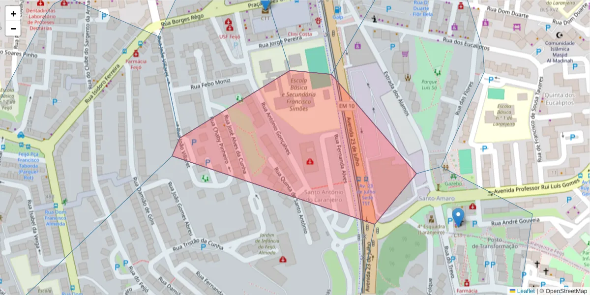 Mapa detalhado do código postal 2810-422 com limites, códigos postais vizinhos e agências dos correios