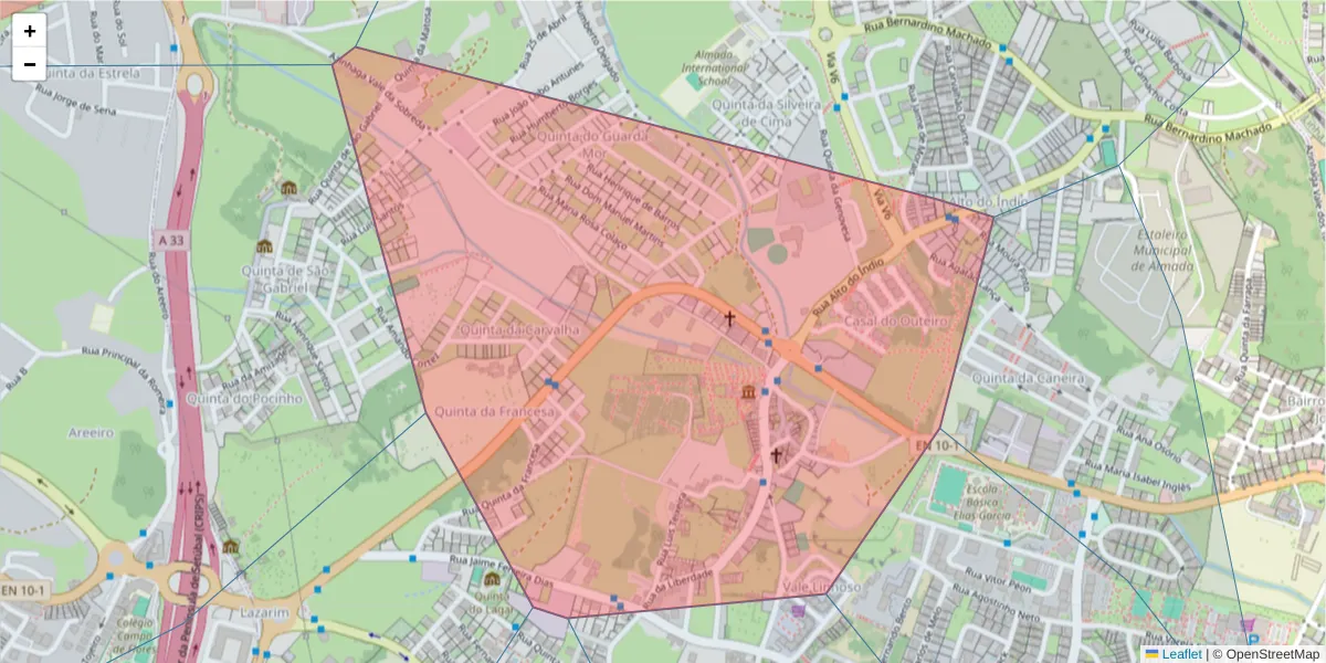 Mapa detalhado do código postal 2815-716 com limites, códigos postais vizinhos e agências dos correios