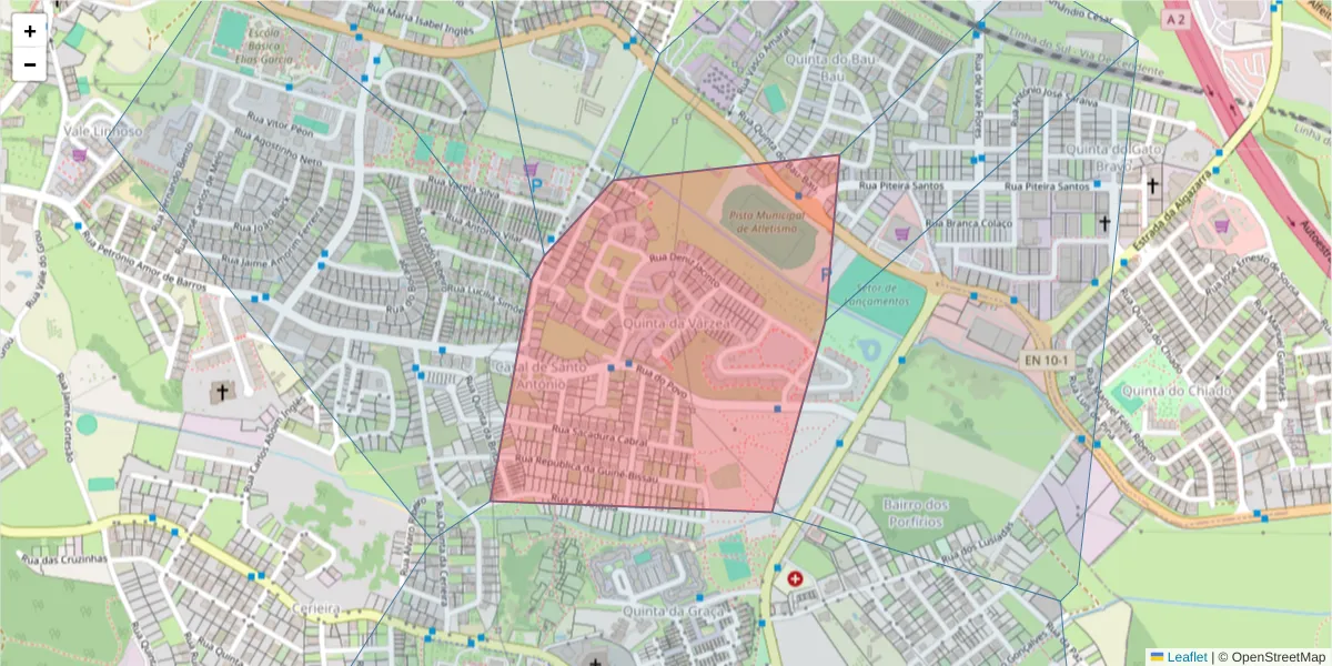 Mapa detalhado do código postal 2815-749 com limites, códigos postais vizinhos e agências dos correios